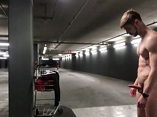 German boy dude public parking garage naked outdoor cum jerk off masturbation small dick dick big muscle athletic young