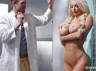 Mad scientist fucked busty hottie Nicolette Shea on the sofa