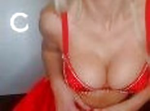 Beautiful sextape milf private POV striptease with big boobs and red lips in red lingerie and heels