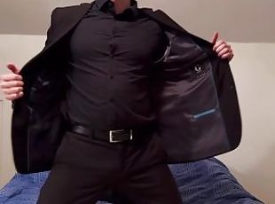 Mr Lovegrooves strips off his suit, strokes, moans, empties his big balls. Cumshot.