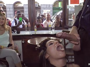 Dark Haired Lady gets facial in public bar