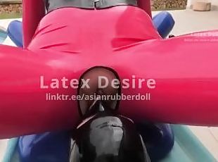 Cunnilingus for the Rubber doll Neck corset Crotch and breast free latex catsuit Licking