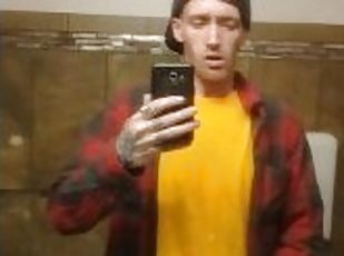 SKINNY GUY IN HAT AND FLANNEL CUMS IN BATHROOM MIRROR AT WORK