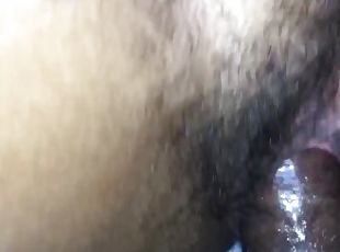 Filling her tight pussy with my black dick on a condom