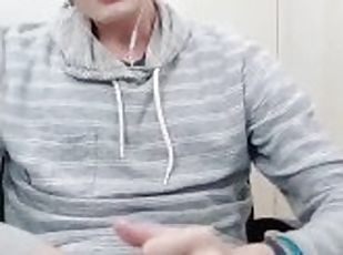 Cute clothed gym boy jerks off big cock on stream
