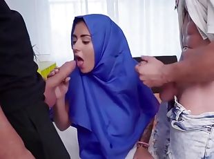 Lovely arab teen aysha gets a taste of two huge latin dicks in threesome