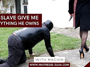 Mistress Julia - Teaser - This latex slave gives me everything he owns (full femdom movie 1 hour)