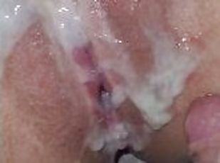 The biggest load of cum over wife's cumming pussy