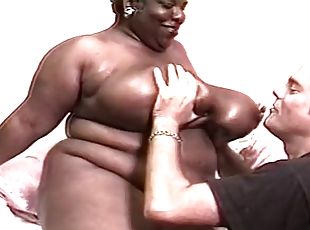 Black bbw fucks white cock and gets cum on huge tits